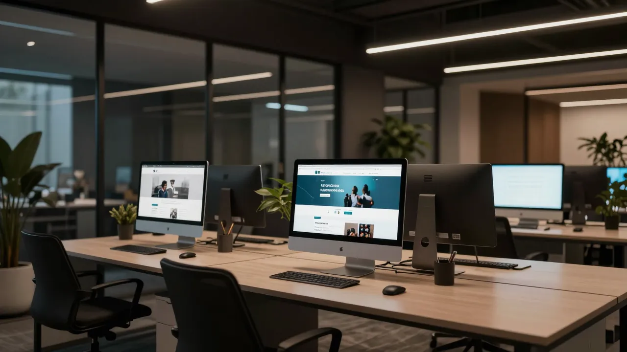 Moderner Arbeitsplatz einer Digital Agentur Hamburg mit Monitoren und Webdesign-Projekten