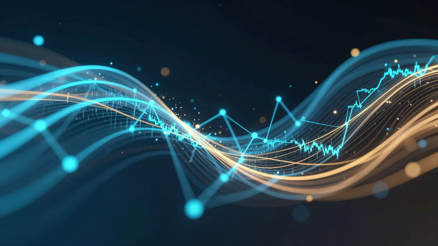 Abstrakte Datenvisualisierung mit fließenden Kurven und leuchtenden Datenpunkten, die SEO-Performance-Metriken und Suchmaschinen-Rankings symbolisieren