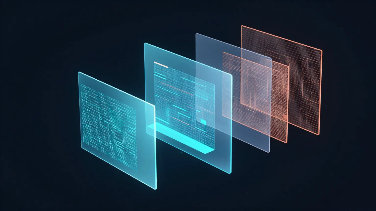 Abstrakte Darstellung der Webentwicklung: Mehrere transparente Ebenen zeigen Frontend, Backend und Infrastruktur einer modernen Webanwendung