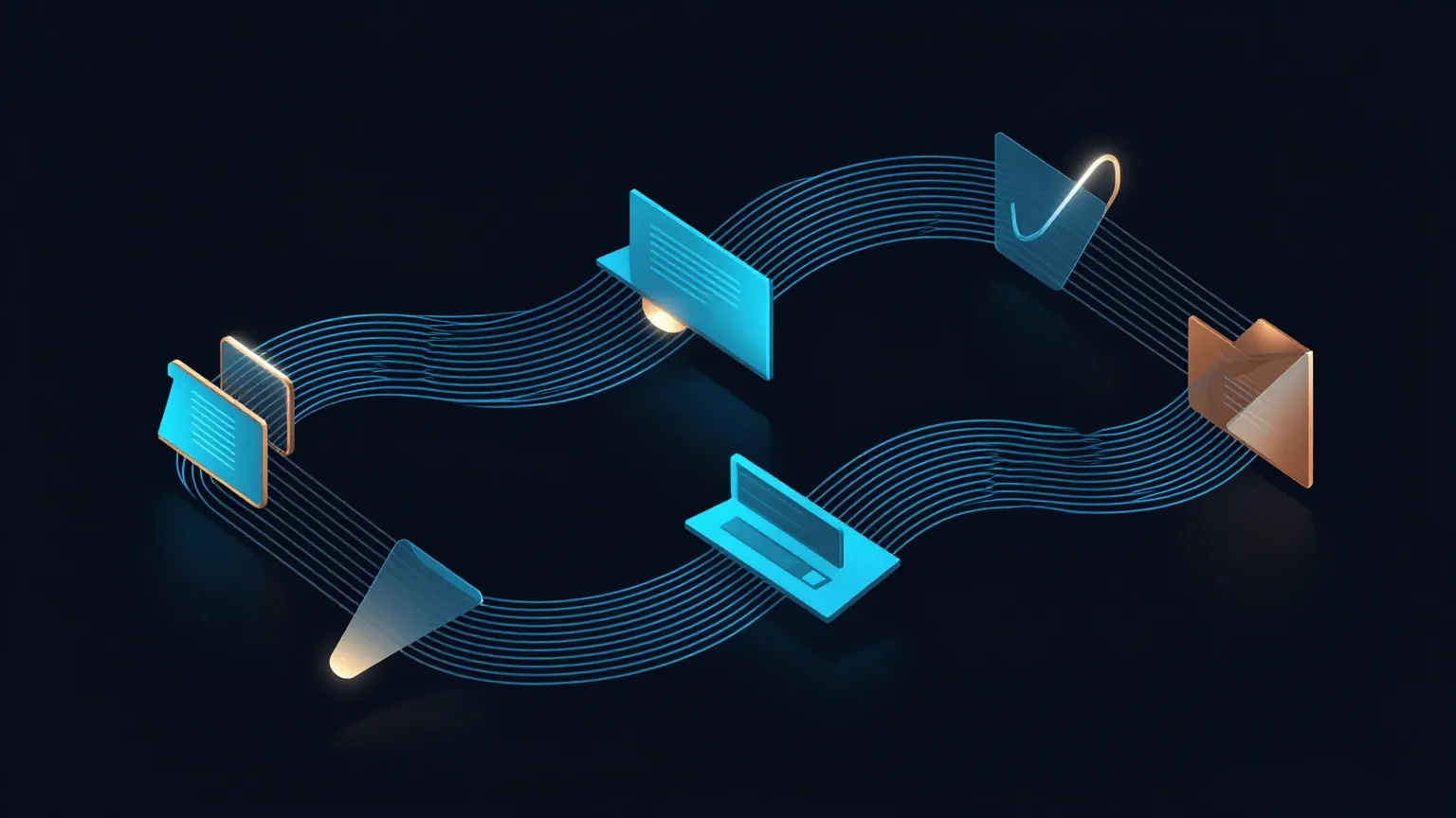 Abstrakte Visualisierung des Webdesign-Workflows: Konzeption, Design, Entwicklung und Launch als verbundene Phasen in einem modernen isometrischen Stil