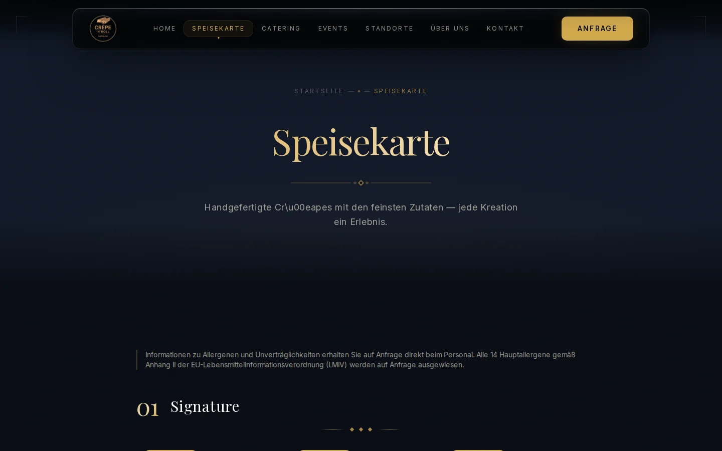Crepe 'n' Roll Website — Speisekarte
