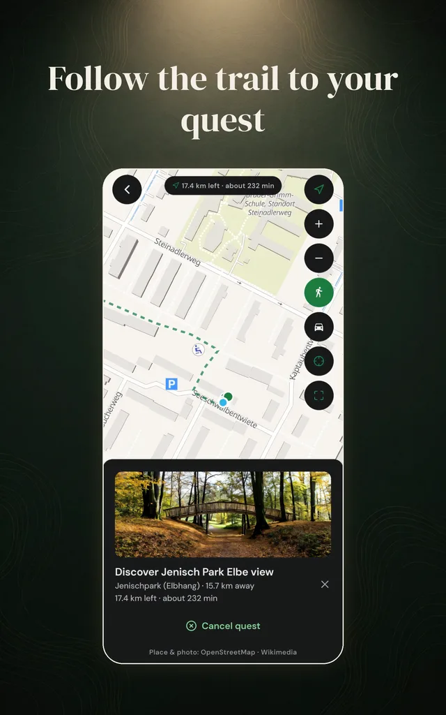 Glenby App: Karte mit Route zu einer Quest