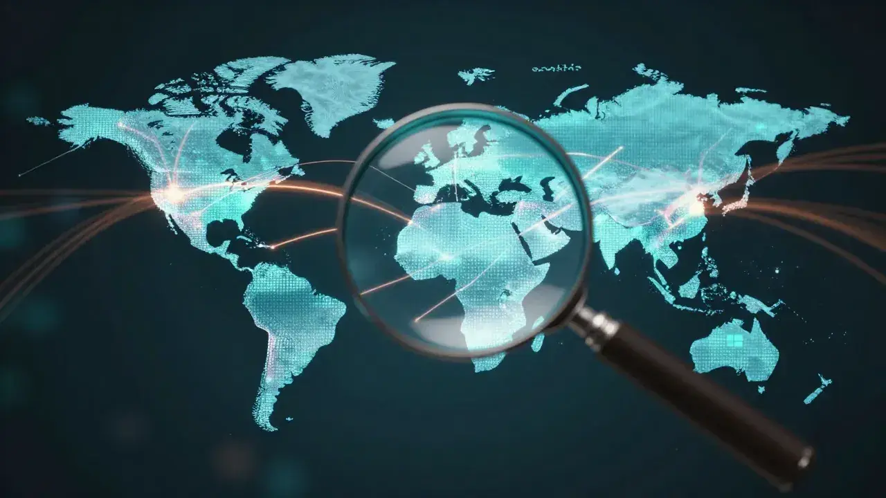 Digitale Weltkarte mit Lupe als Symbol für lokale und globale Suchmaschinenoptimierung