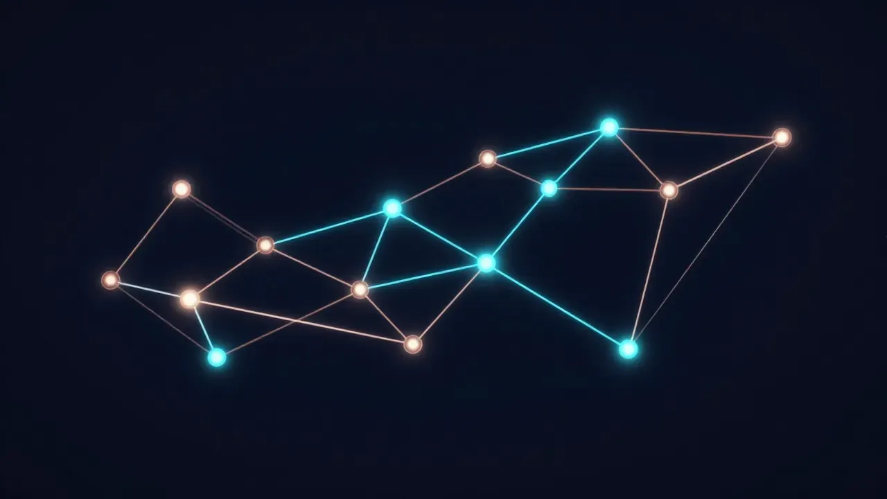 Vernetzter SEO-Prozess mit Knotenpunkten für technische Optimierung, Content und Linkbuilding