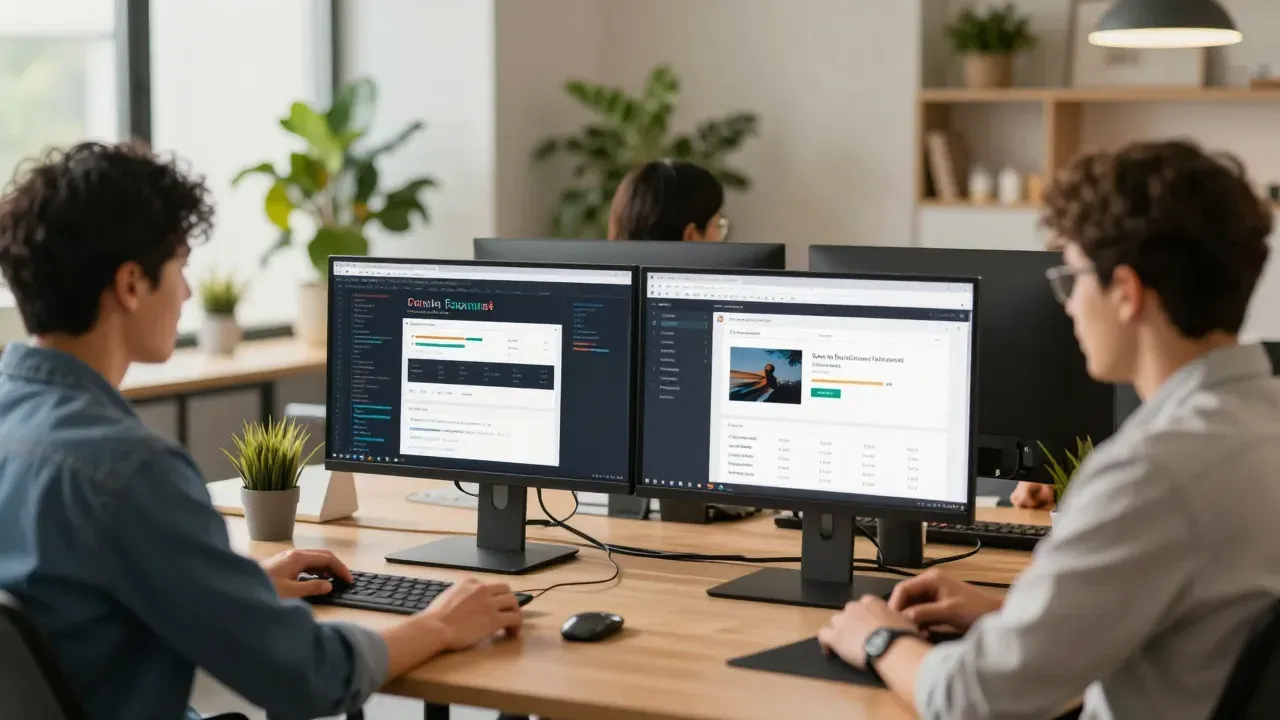 SEO-Experten bei der Arbeit an Keyword-Analyse und Content-Optimierung im Hamburger Büro