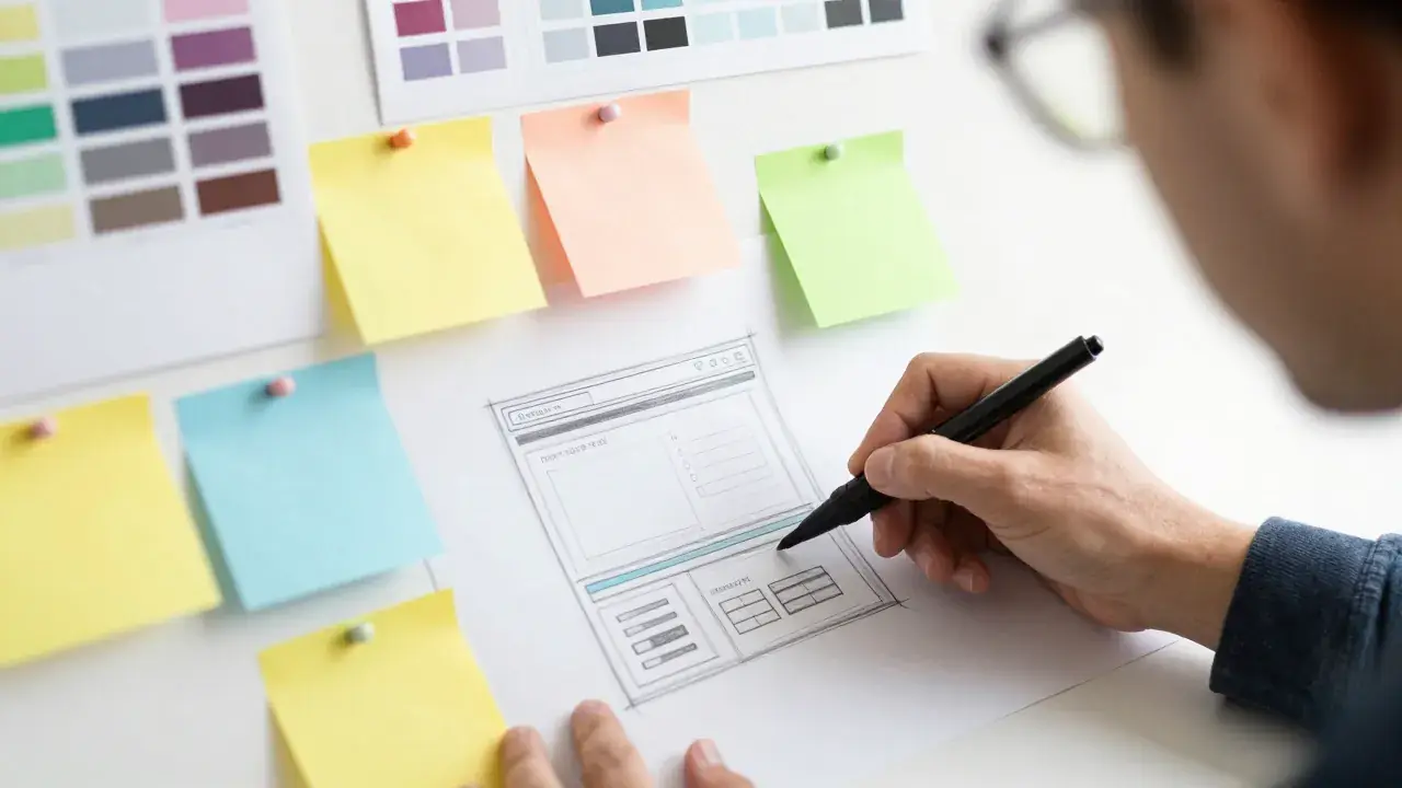 Webdesign-Prozess: Designer skizziert Website-Wireframes mit Farbpaletten und Konzeptnotizen