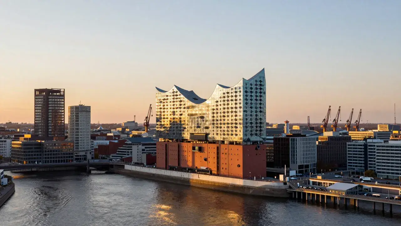 Webdesign Hamburg: Blick auf die Elbphilharmonie und den Hamburger Hafen bei Sonnenuntergang